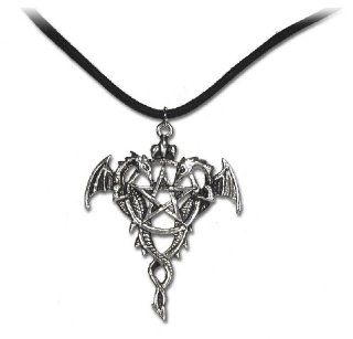 Draco Pentagram   Silver Double Dragons on Black Cord Pendant Necklaces Jewelry