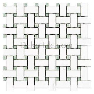 Polished Thassos White and Ming Green Basketweave Mosaic Tile   Marble Tiles  
