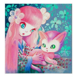 Girl With Pink Hair in Kimono With Kawaii Cat Posters