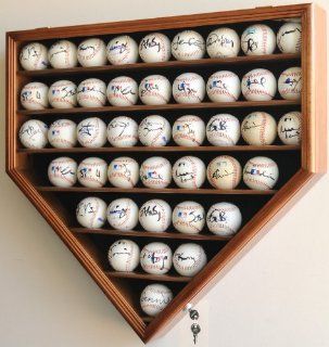 43 Baseball Display Case Cabinet Holder Wall Rack Home Plate Shaped w/ UV Protection  Lockable  Walnut  Sports Related Display Cases  Sports & Outdoors