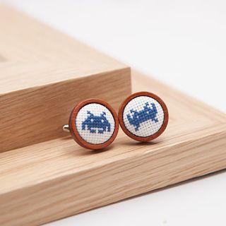 hand embroidered space invaders cufflinks by handstitched with love