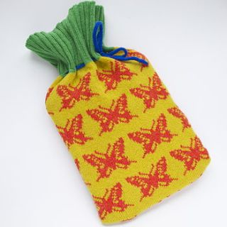 butterfly knitted hot water bottle cover by nervous stitch