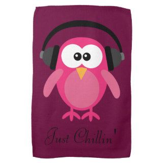 Just Chillin' Cute Pink Cartoon Owl & Headphones Towels