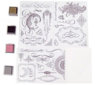 Anna Griffin 18 Flourishes Clear Stamp Kit with 4 Ink Pads & Acrylic Block —