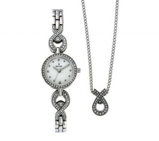 Bulova Stainless Watch and Pendant Set with Crystals —