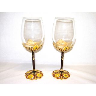 Italian Brown and Yellow Floral Wine Glasses (Set of 2) Threestar Wine Glasses