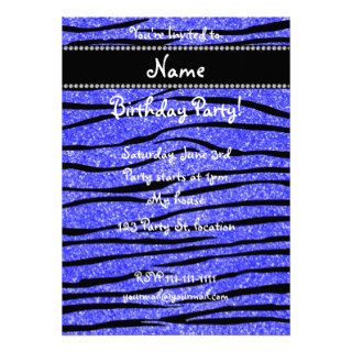 Personalize name neon blue glitter zebra stripes custom invitations