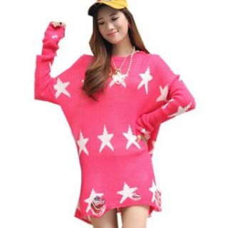 Finejo Women's Oversized Star Pattern Frayed Jumper Hole Loose Knitted Sweater Pink Athletic Sweaters