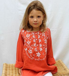 girl's tangerine embroidered cotton kaftan by pink bamboo