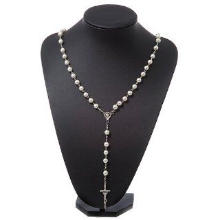 Long White Synthetic Pearl Cross Rosary Necklace   80cm Length Jewelry