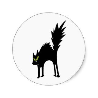 SCARY BLACK CAT CARTOON GREEN EYES LOGO ICON PETS ROUND STICKER
