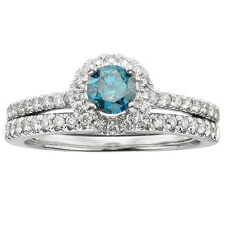14k White Gold 1ct TDW Certified Blue Diamond Halo Bridal Set (H I, I1 I2) Bridal Sets