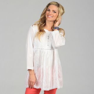 KC Signatures Women's White Hand embroidered Empire Waist Tunic KC Signatures Long Sleeve Shirts