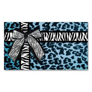 Girly zebra ribbon & bow, blue leopard print business cards