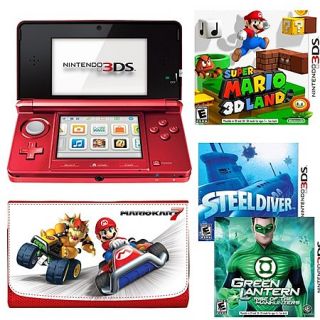 3DS Red System with 3 Games and 3DS Mario Kart Game Wallet