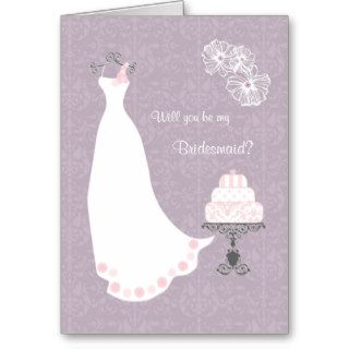 White Wedding dress on light purple  Bridesmaid Greeting Cards