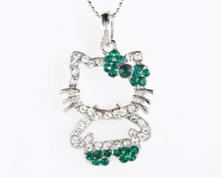 St Patrick's Day Good Luck Shamrock Four 4   Leaf Lucky Clover Color May Birthday Birthstone Emerald Green Silver Color Austrian Crystals Rhinestones Hello Kitty Bowknot Pendant Necklace (Style and Length (Usually Approx 16"  20") of Necklace