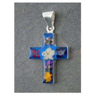 Sterling Silver Cross with Real Flowers   Royal Blue   1 inch Jewelry