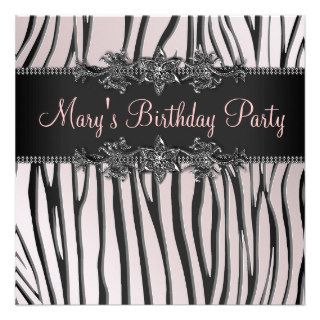 Pink Black Zebra Womans Birthday Party Invitation