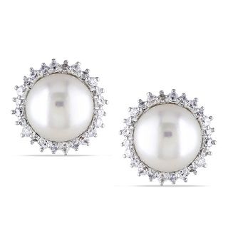 Miadora Sterling Silver Freshwater Pearl and White Topaz Stud Earrings Miadora Pearl Earrings