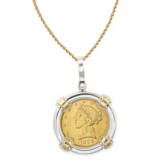 American Coin Treasures 14k Gold Sterling Silver $5 Liberty Gold Piece Half Eagle Coin Bezel Pendant Necklace Gold Necklaces