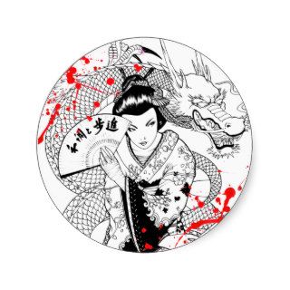 Cool blood splatter geisha with fan dragon tattoo stickers