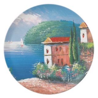 Painting Of A Seaside Villa In Italy Plates