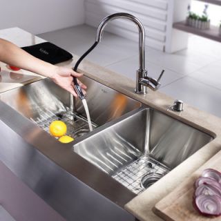 Kraus 32.9 x 20.75 Double Bowl Farmhouse Kitchen Sink with Faucet
