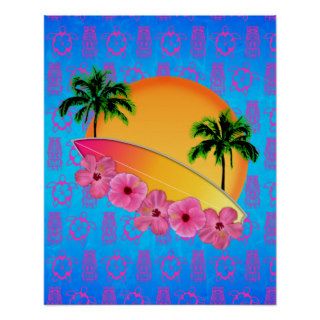 Surfboard and Hibiscus Flowers Print
