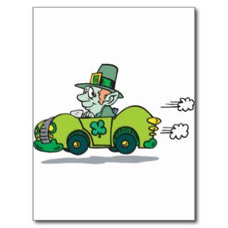 Leprechaun Driving A Green Car Post Cards