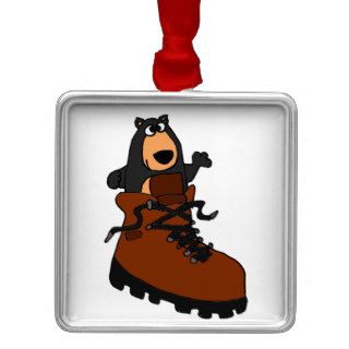 Funny Black Bear in Brown Hiking Boot Christmas Ornament
