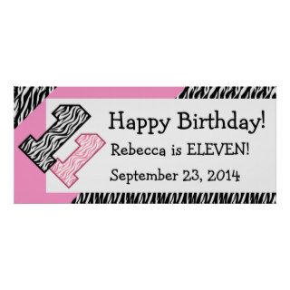11th Birthday Zebra with Pink Custom Name V07 Posters