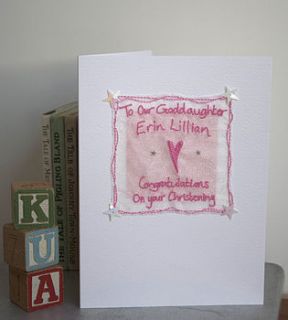 personalised embroidered godchild greetings card by laura windebank