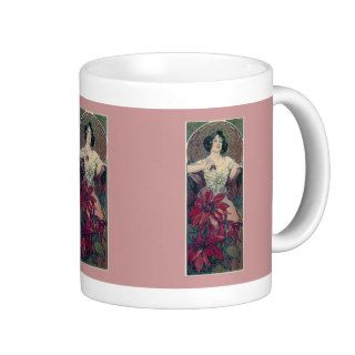 mucha art deco red flowers woman lady female coffee mug