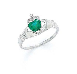 14k White Heart Emerald Green Birthstone Claddagh Ring   Size 7.0   JewelryWeb Jewelry