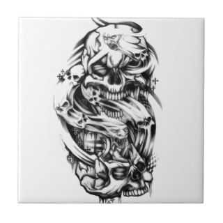 Evil skull tattoo style art. Sin and smoke skulls. Ceramic Tile