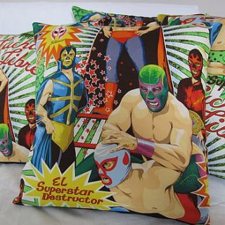 mexican wrestler cushion cover by twentysevenpalms