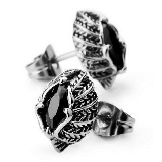JBlue Jewelry men's 2PCS Stainless Steel Studs Earrings Silver Feather Vintage Black CZ (with Gift Bag) Jewelry