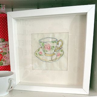 machine embroidered tea cup framed art by tugba kop illustration