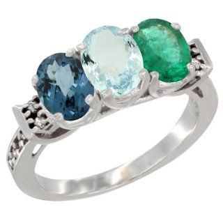10K White Gold Natural London Blue Topaz, Aquamarine & Emerald Ring 3 Stone Oval 7x5 mm Diamond Accent, sizes 5   10 Jewelry