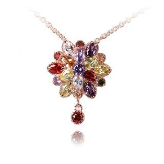 Fashion Plaza Golden Plated Flower with Coloful Rhinestone Swarovski Crystal Pendant Necklace Chain N263 Jewelry