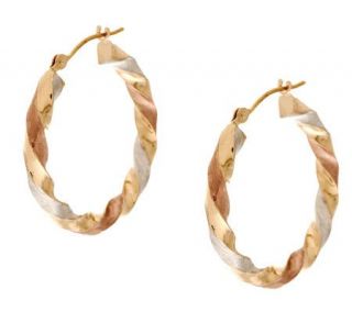 1 Polished & Satin Finish Tri Color Round Hoop Earrings, 14K —