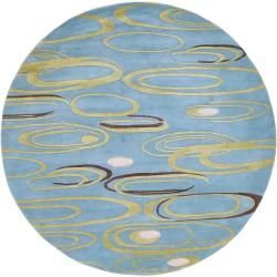 Hand tufted Baby Blue Contemporary Cowichan New Zealand Wool Abstract Rug (7'9 Round) Surya Round/Oval/Square