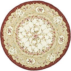 Hand hooked Aubusson Ivory/burgundy Wool Area Rug (8 Round)