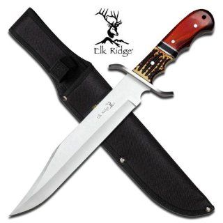 ER 260DH. Elk Ridge Full Tang Hunting Knife 14" Overall with Case Fixed Blade Bowie Knife Full Tang construction 14" Overall Imitation deer horn & Wood Handle Includes Nylon Pouch KNIFE fixed blade knife hunting sharp edge steel  Hunting Fix