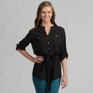 Calvin Klein Women's Jet Black Rolled Sleeve Top Calvin Klein 3/4 Sleeve Shirts