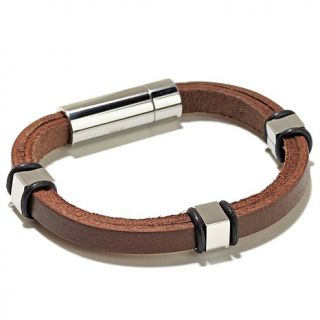 Men's Leather and Stainless Steel Square Bead Bracelet