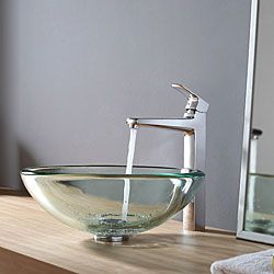 Kraus Clear 19mm Thick Glass Vessel Sink And Virtus Faucet Chrome