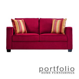 Portfolio Madi Crimson Red Microfiber Sofa With Wine Striped Accent Pillows