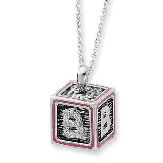 Sterling Silver Letter B Block with Pink enamel 18 Inch Necklace Pendant Necklaces Jewelry